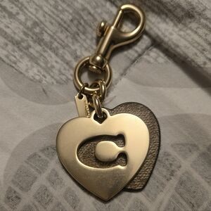 Coach Gold Heart And Brown Leather Keychain with Logo